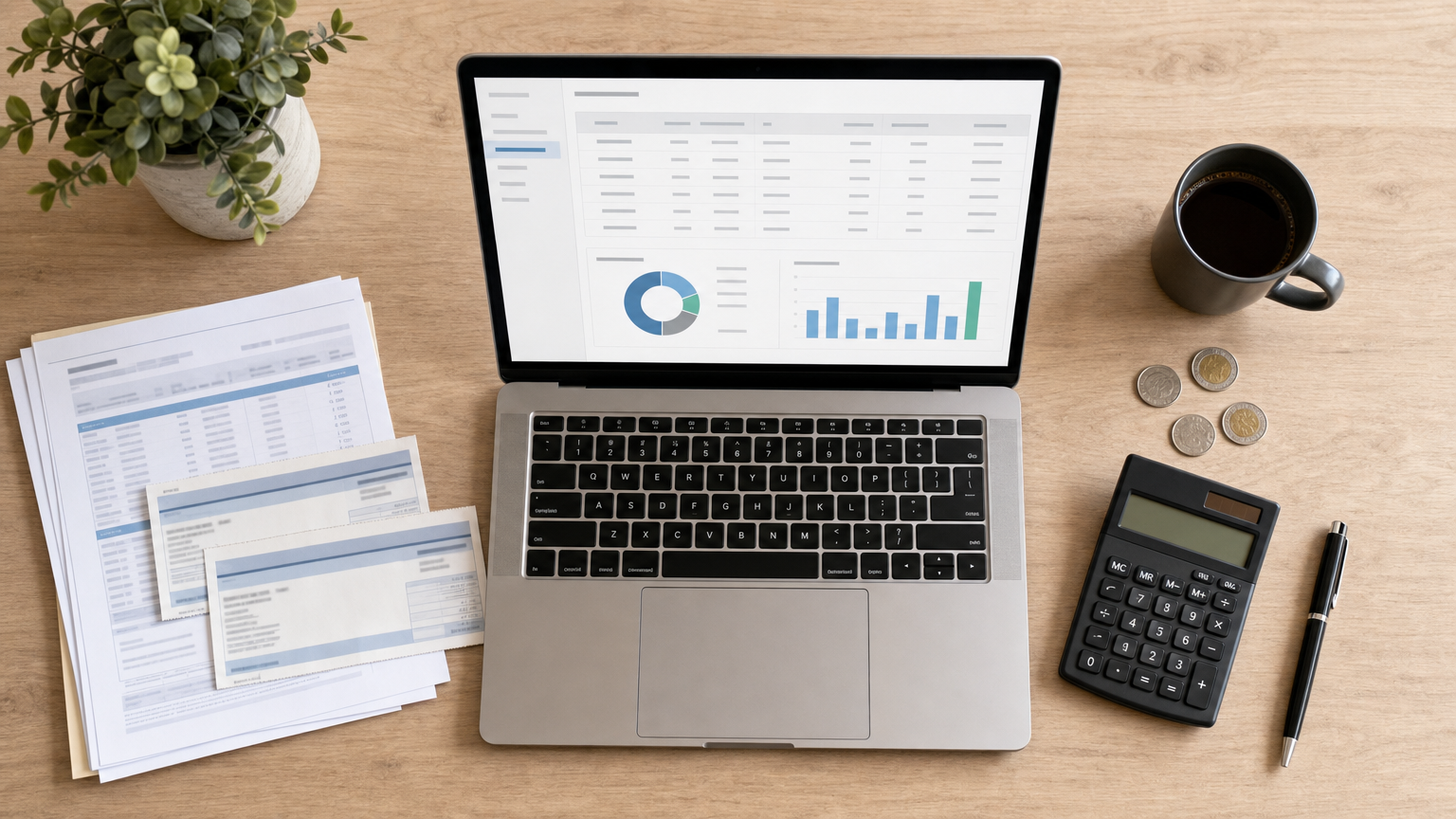 Desk with a laptop, payroll documents and a calculator for managing business payroll