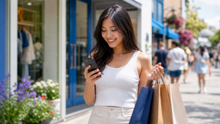 Jeune femme souriante qui magasine dans une rue commerçante l'été en consultant l'application Récompenses Bleu sur son téléphone, illustrant la promotion Shop the Block