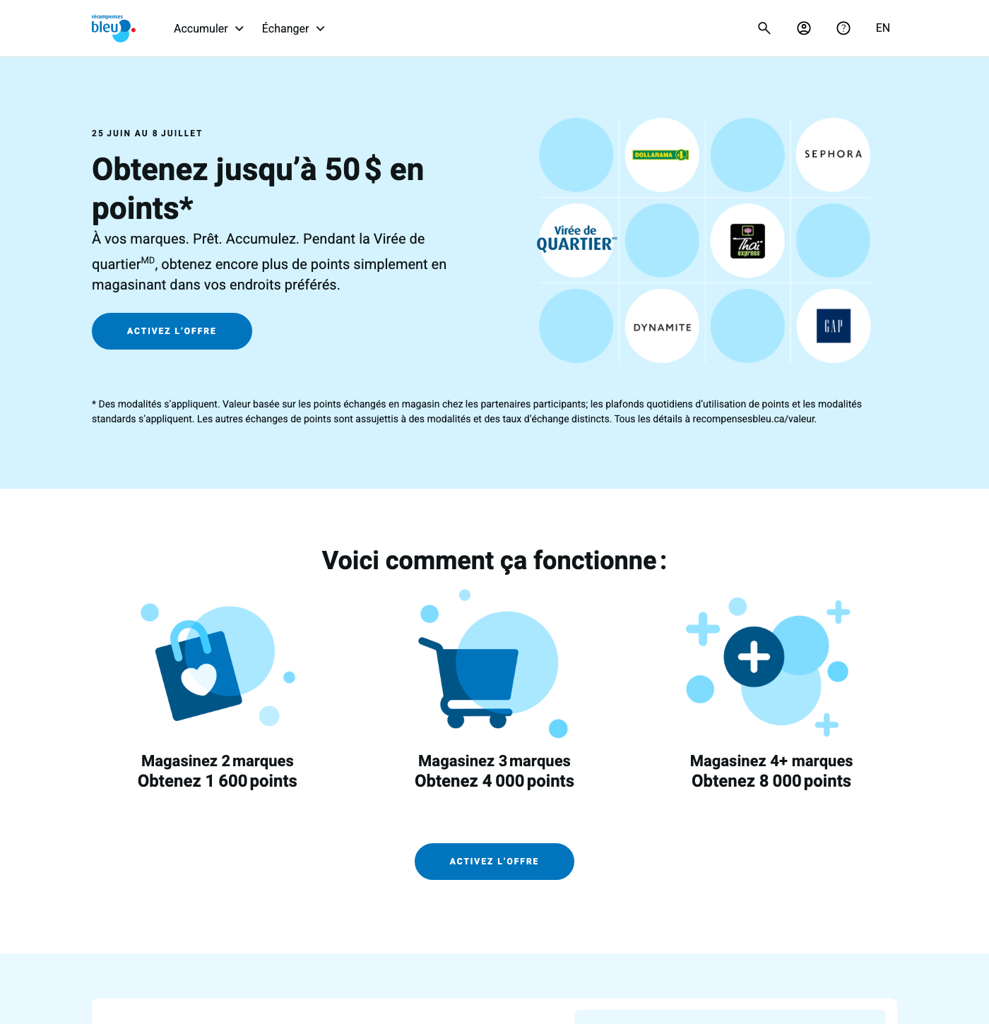 Promotion Virée de quartier (Shop the Block) de Récompenses Bleu : jusqu'à 50 $ en points, paliers 2, 3 et 4 marques