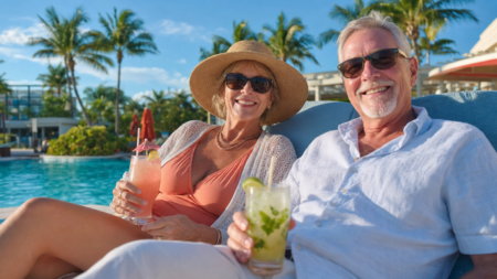 Couple de snowbirds canadiens relaxant au bord d'une piscine en Floride