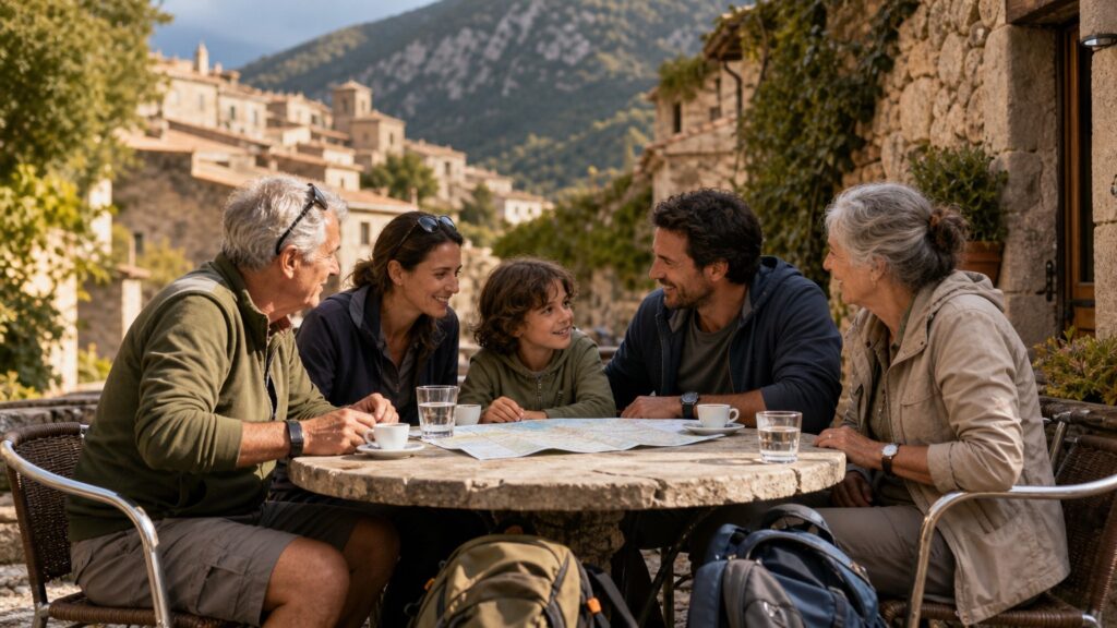 Famille multigénérationnelle à la terrasse d'un café de village de montagne, carte dépliée sur la table