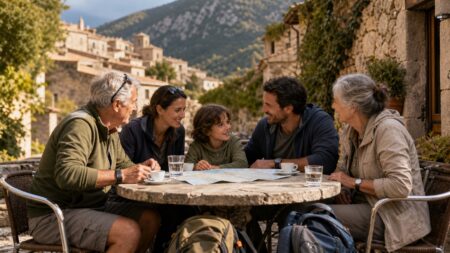 Famille multigénérationnelle à la terrasse d'un café de village de montagne, carte dépliée sur la table
