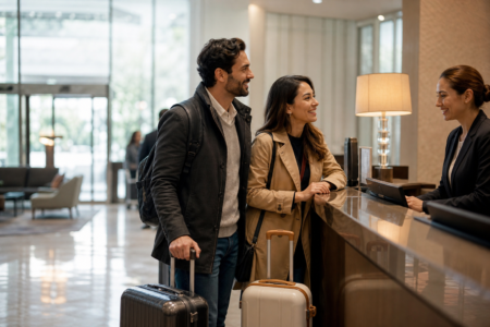 Couple à la réception d'un hôtel, dévaluation Wyndham Rewards au 15 septembre 2026