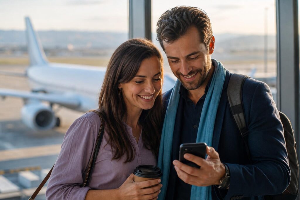 Couple souriant à l'aéroport consultant une carte d'embarquement sur téléphone, avion en arrière-plan