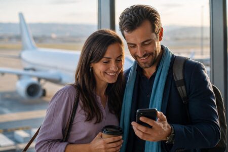 Couple souriant à l'aéroport consultant une carte d'embarquement sur téléphone, avion en arrière-plan