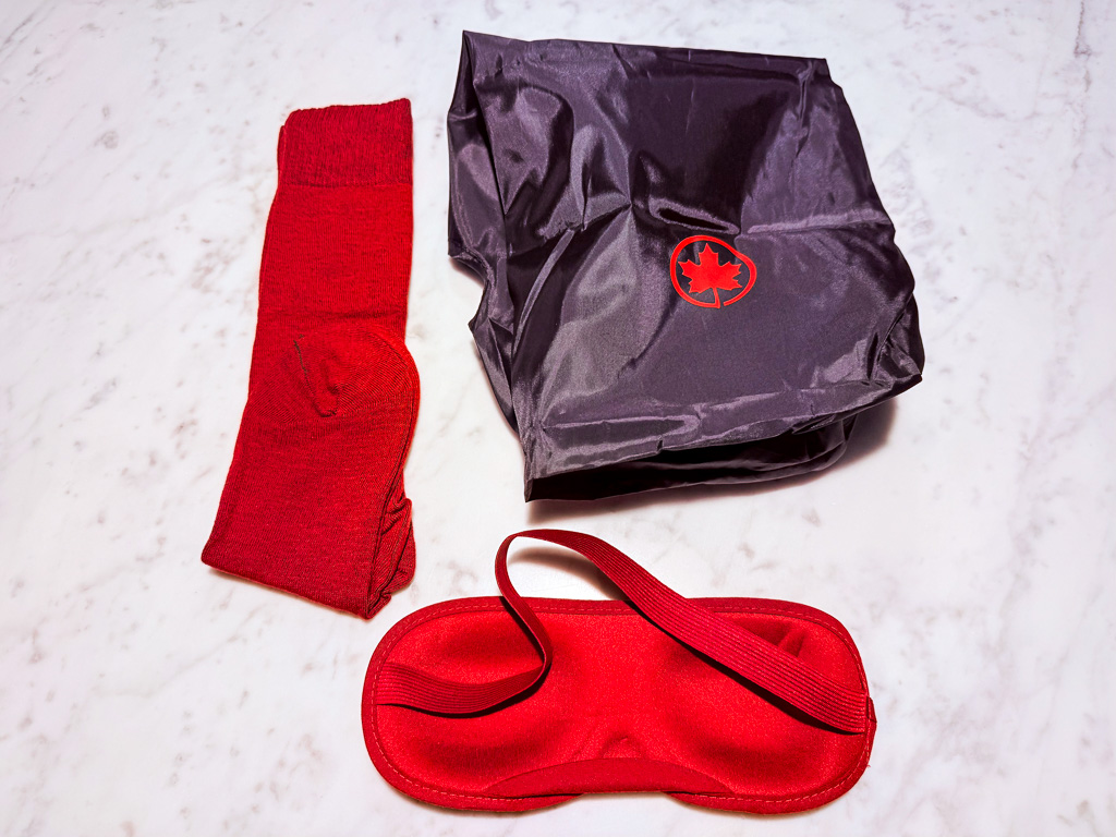 Air Canada Premium Economy kit with knitted socks and neoprene sleep mask