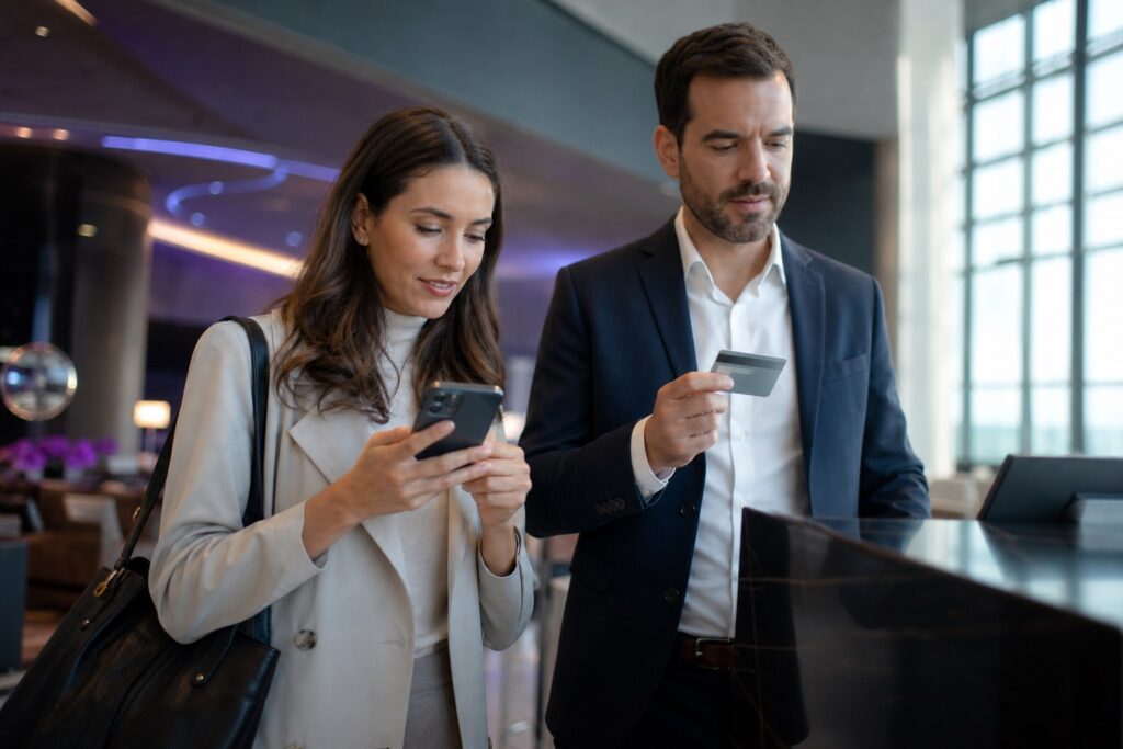 Couple consultant son téléphone et sa carte de crédit dans un hall d'hôtel avant un voyage