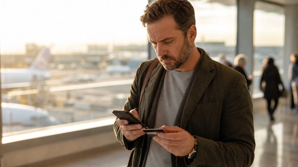 Voyageur consultant son téléphone et tenant une carte de crédit dans un aéroport