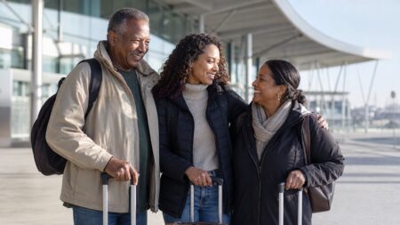 Famille multigénérationnelle avec bagages devant un aéroport canadien à leur arrivée