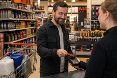 Client payant avec une carte de crédit sans contact à la caisse d'un magasin d'articles automobiles et de maison