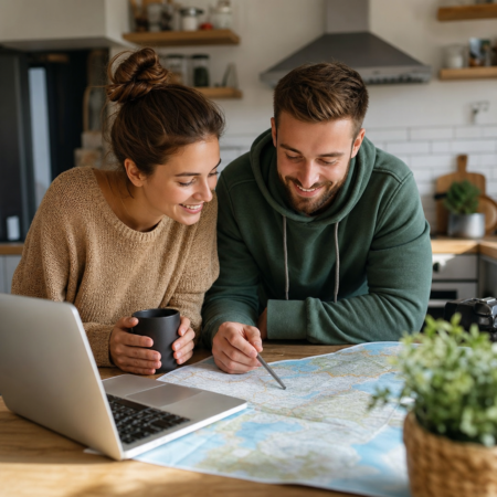 Couple souriant qui planifie son budget vacances été 2026 avec un ordinateur portable et une carte