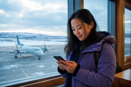 Voyageuse consultant l'application Aéroplan devant un avion régional Calm Air sur le tarmac dans le Nord canadien