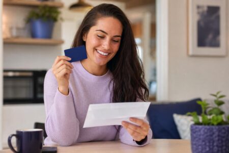 Jeune femme souriante tenant une nouvelle carte de crédit facile à obtenir