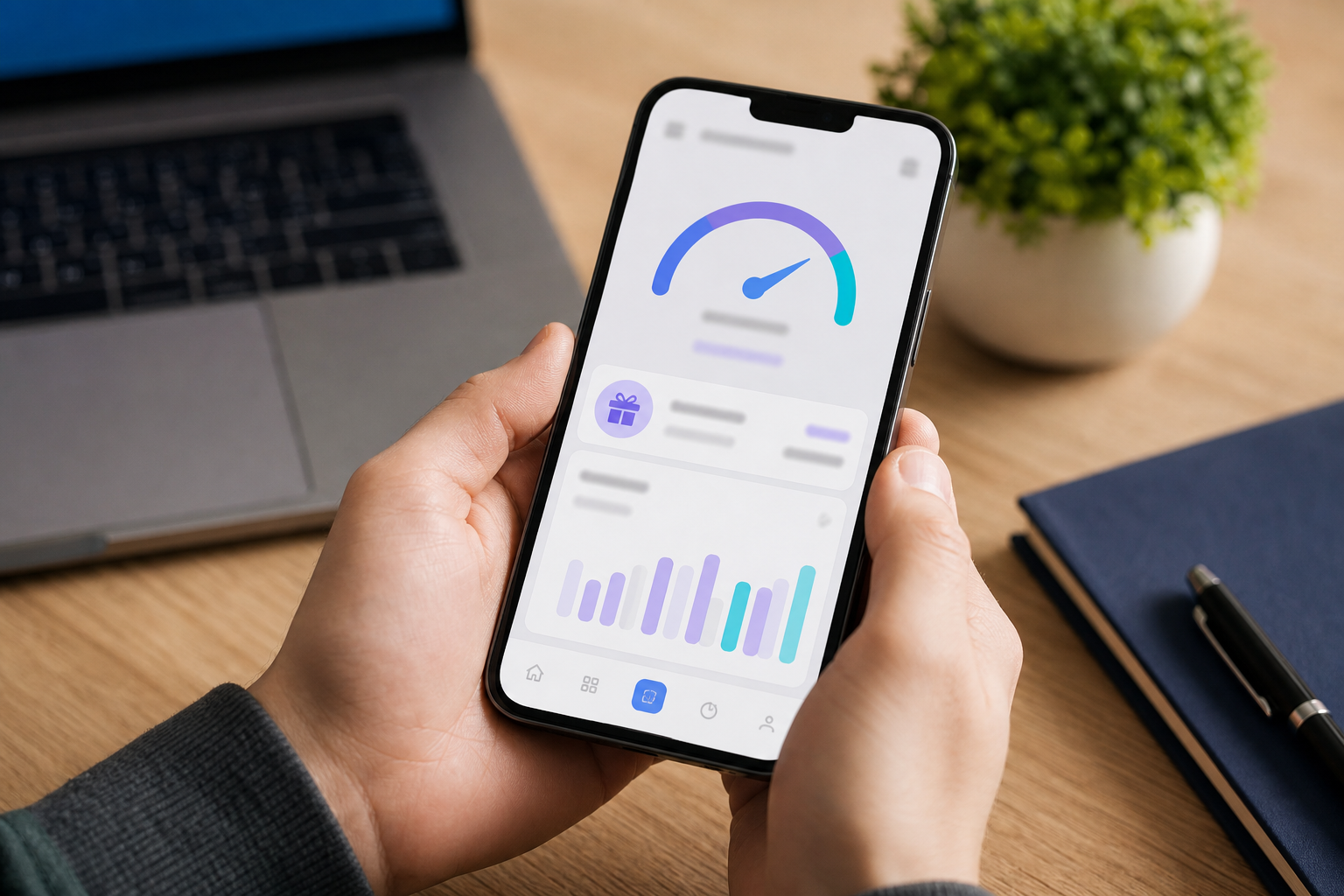 Application bancaire affichant un pointage de crédit et un résumé de remises en argent sur un téléphone