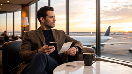 Voyageur détendu dans un salon d'aéroport premium avec carte d'embarquement et carte de crédit, aile d'avion au coucher du soleil