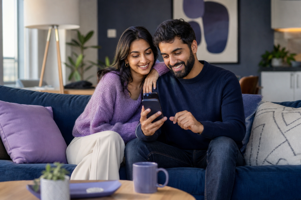 Couple souriant consultant une application de paiement de factures sur un téléphone dans un salon moderne