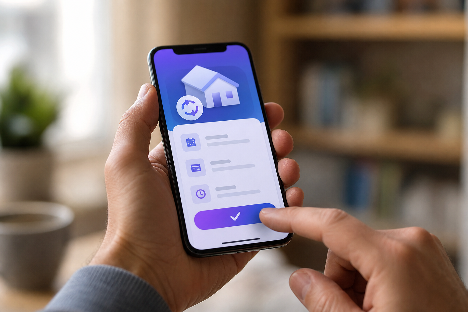 Close-up of hands confirming a rent or recurring bill payment on a mobile app