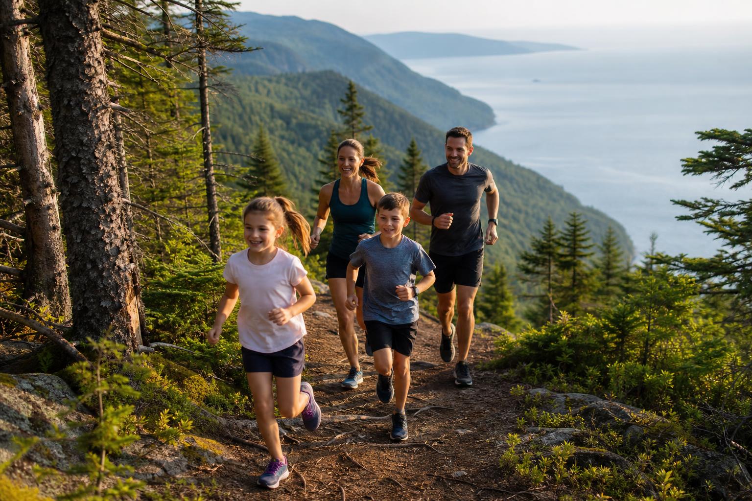 Famille en trail running sur un sentier de montagne surplombant le fleuve Saint-Laurent à Charlevoix