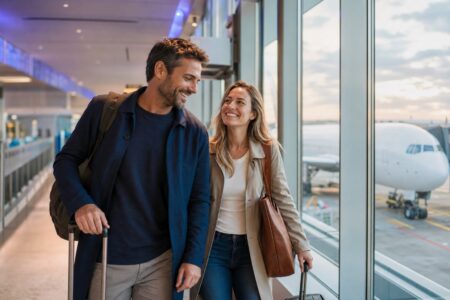 Smiling couple at the airport in front of a wide-body aircraft before their Star Alliance flight