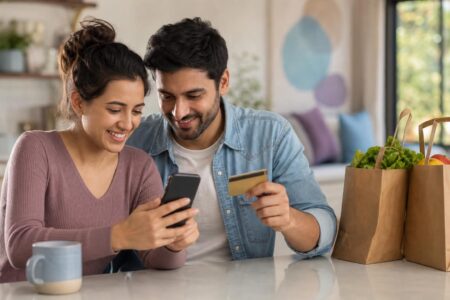 Couple at home checking their banking app and a premium credit card to review their statement credits