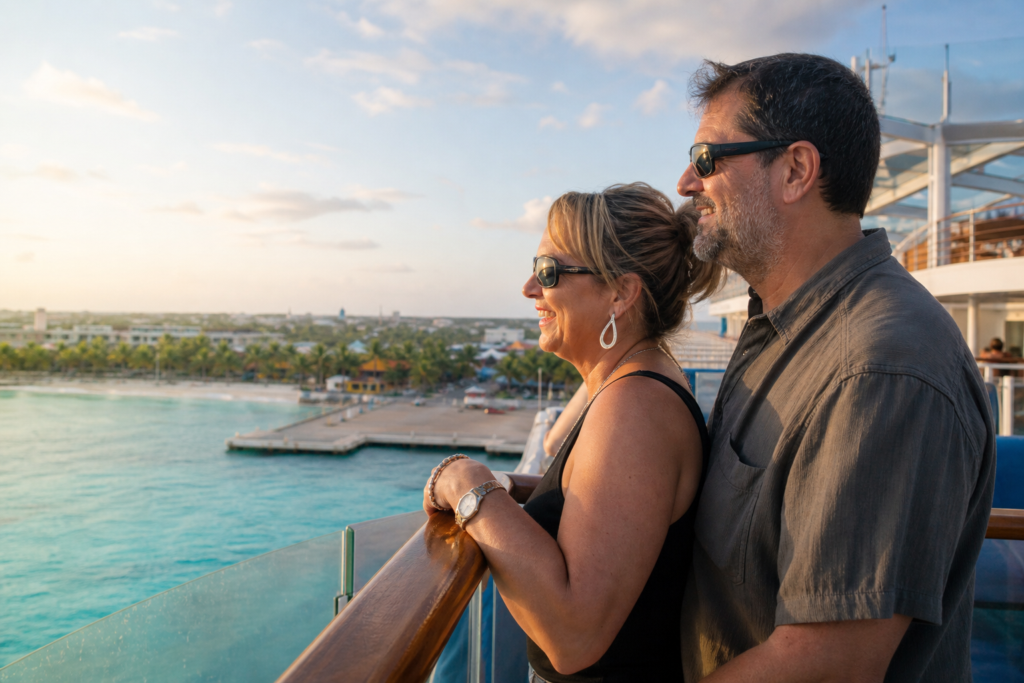 Couple sur le pont d'un navire de croisière au coucher du soleil devant un port des Caraïbes