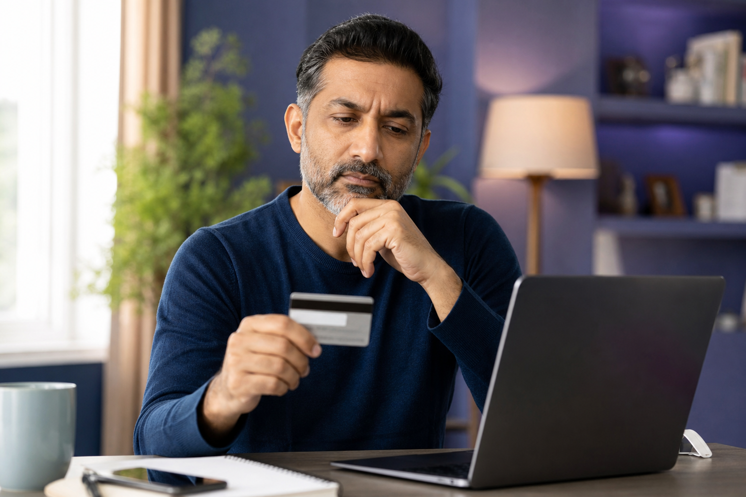 Homme réfléchissant avant de choisir une carte de crédit sans frais annuels