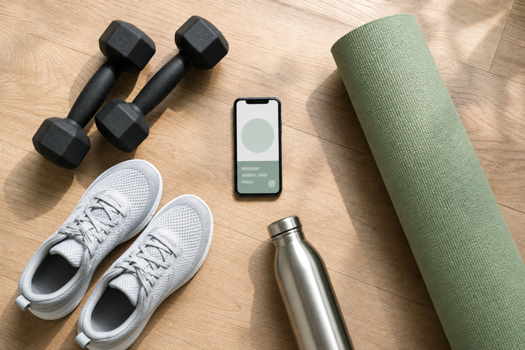 Haltères, tapis de yoga, chaussures de course, bouteille et téléphone disposés sur un plancher de bois