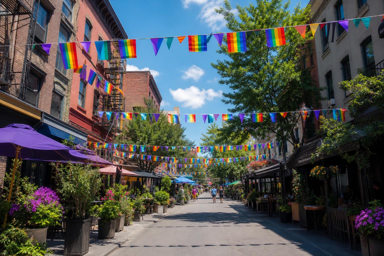 Rue du Village de Montréal décorée de drapeaux de la Fierté, ambiance estivale