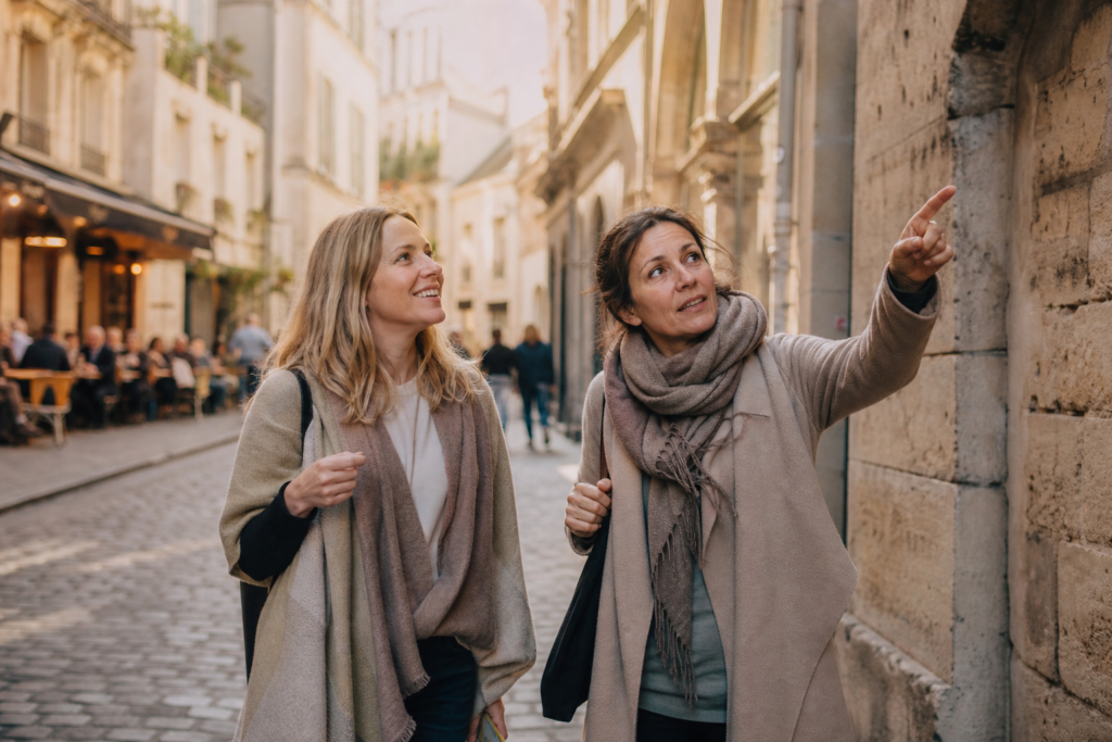 Deux voyageuses explorant une rue européenne avec un hôte local, expérience GHA DISCOVERY City Unscripted