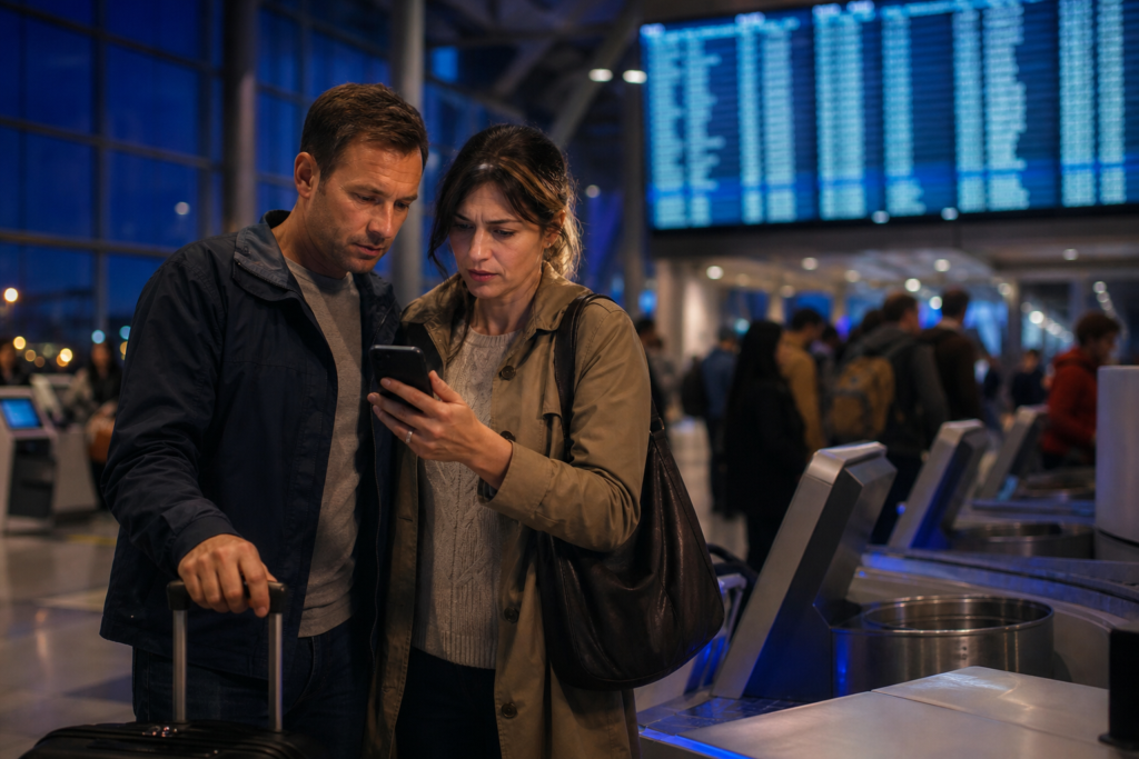 Couple consultant son téléphone dans un aéroport devant un tableau des départs, préoccupé par une possible grève WestJet
