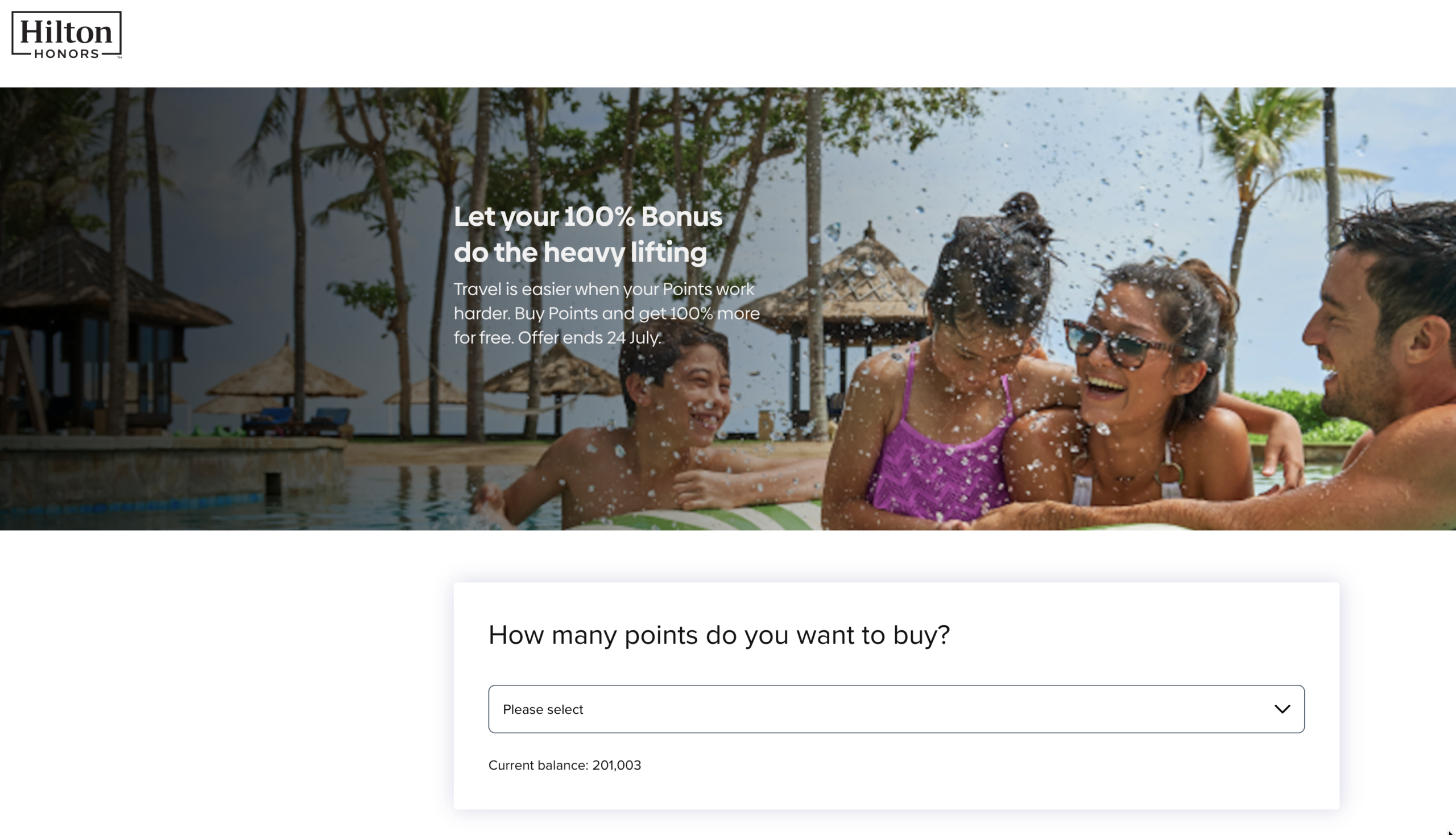 Capture d'écran de la page officielle HiltonHonors.com montrant l'offre de 100 % de points bonus à l'achat