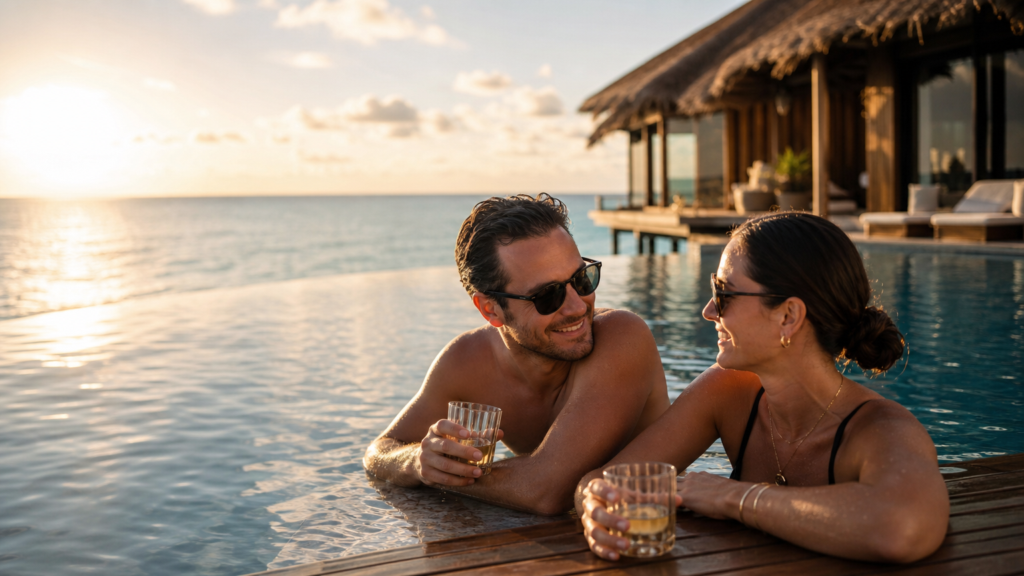 Couple qui se détend dans la piscine à débordement d'un complexe de luxe Luxury Escapes au coucher de soleil