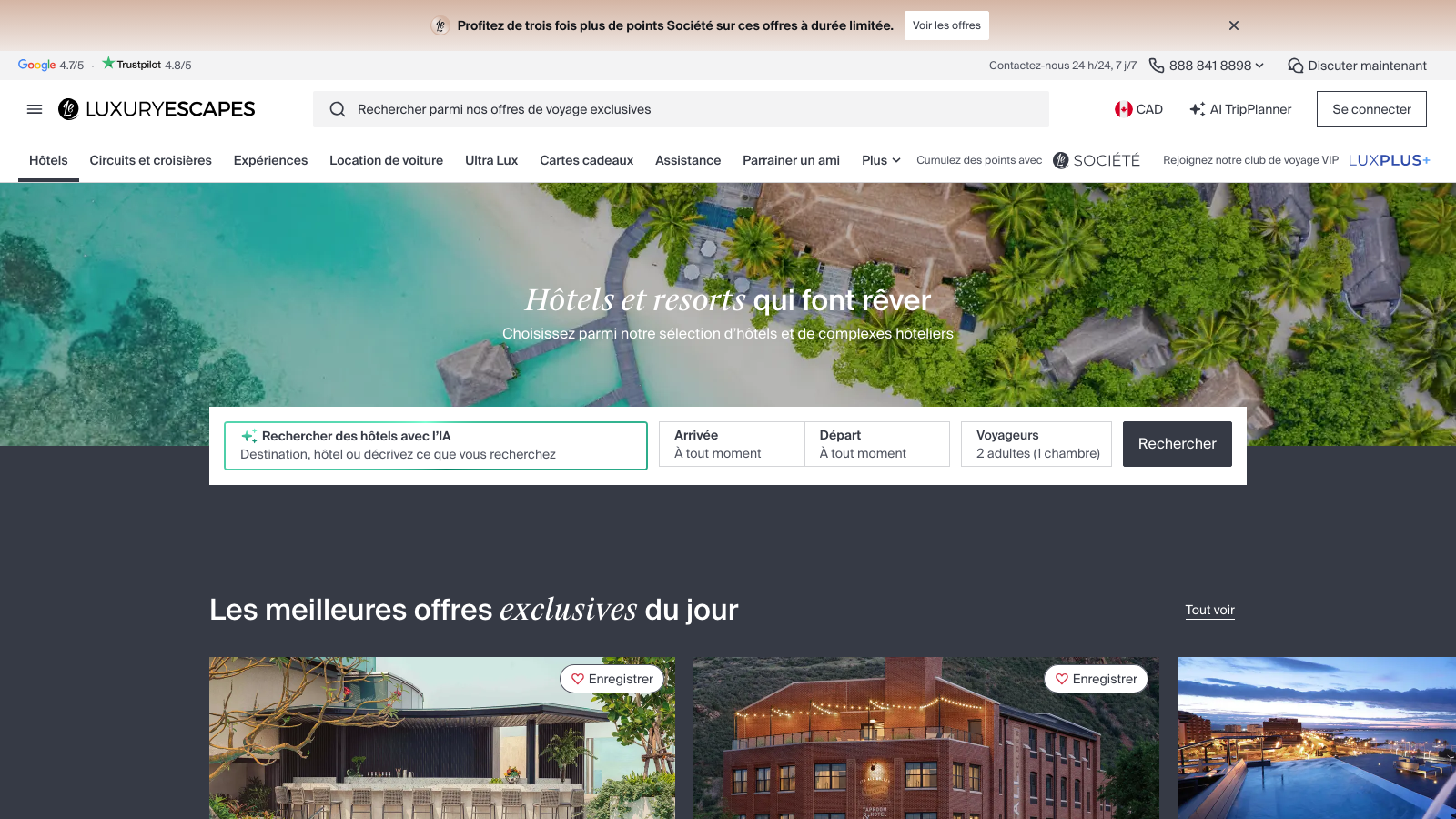 Luxury Escapes Hotels page showing exclusive luxury hotel deals