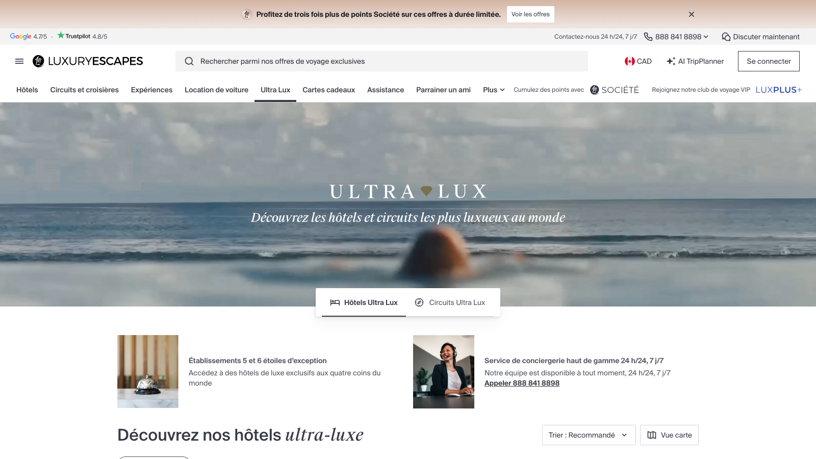 Luxury Escapes Ultra Lux page featuring the most luxurious hotels and tours
