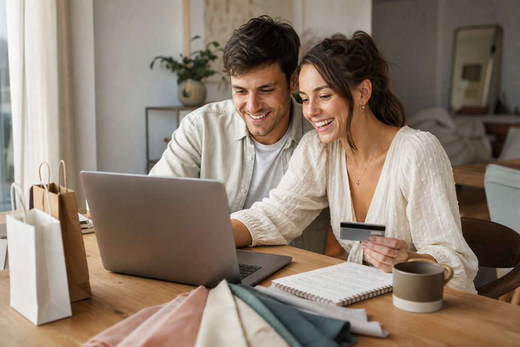 Couple planifiant son mariage en ligne avec une carte de crédit pour accumuler des points