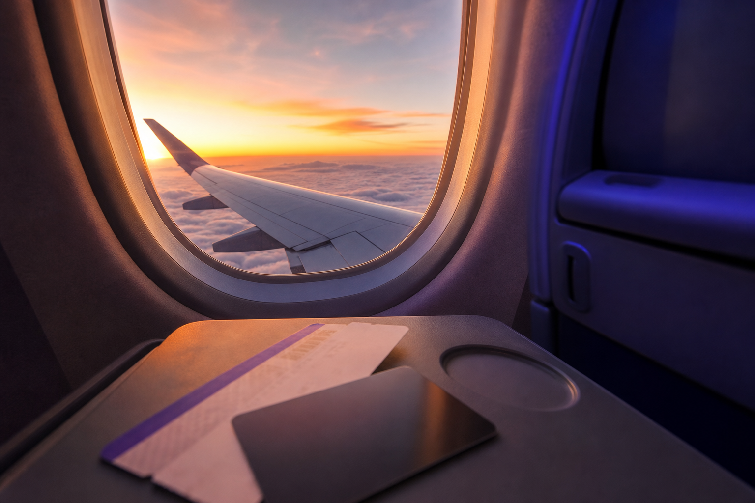 View from an airplane window at sunset with a boarding pass and hotel key card on the tray table