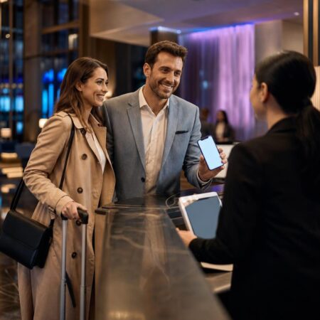 Couple souriant enregistrant son arrivée à la réception d'un hôtel haut de gamme