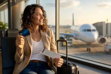 Voyageuse souriante tenant une carte de crédit WestJet et une carte d'embarquement devant un avion à l'aéroport