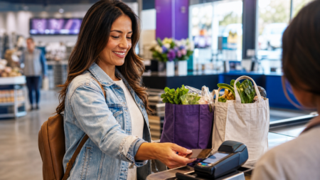 Femme payant à la caisse d'épicerie avec une carte de crédit sans contact