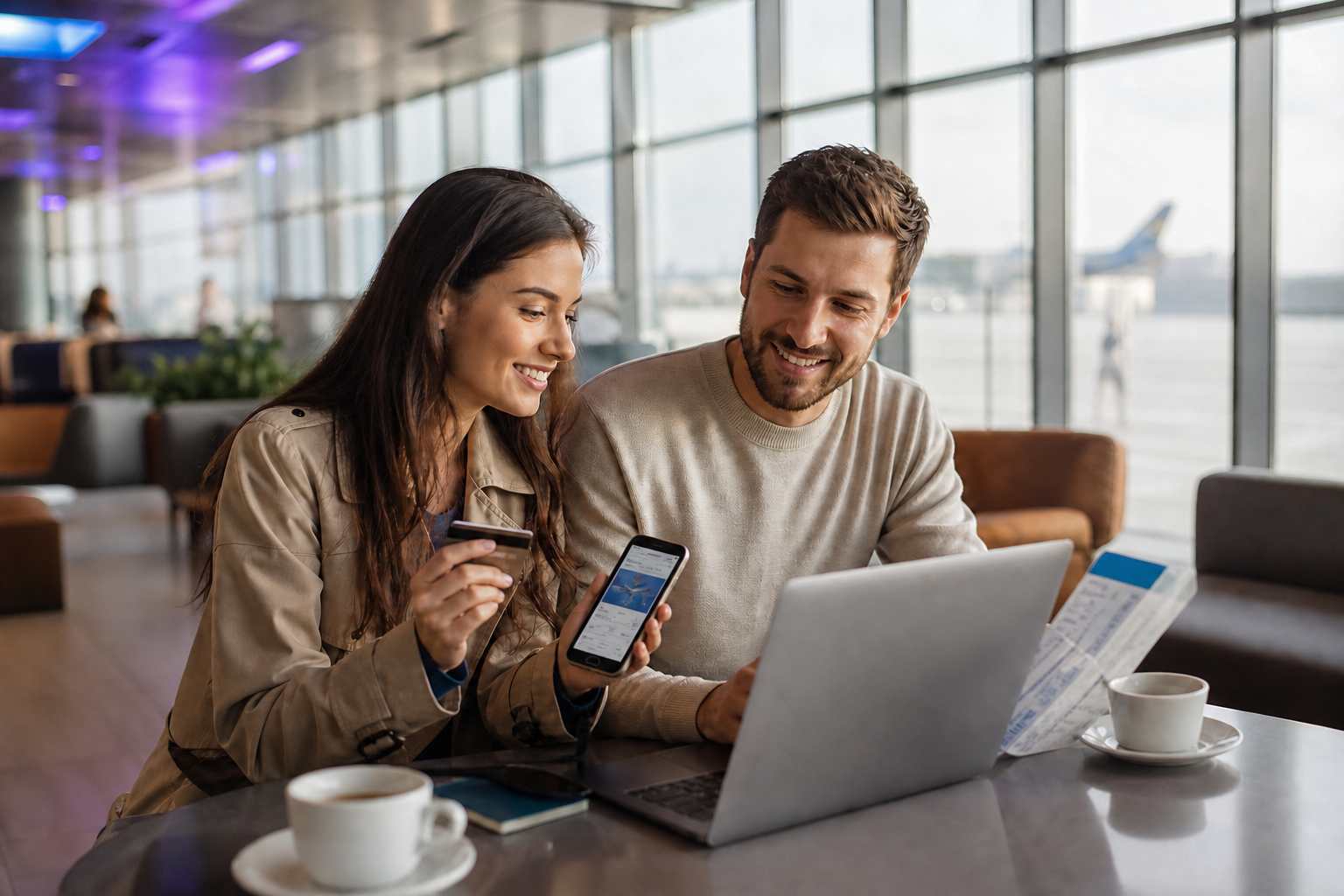 Couple traveling using a no-FX fee credit card at the airport