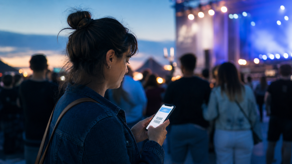 Personne consultant son billet numérique Récompenses Bleu sur son téléphone lors d'un événement en direct en soirée