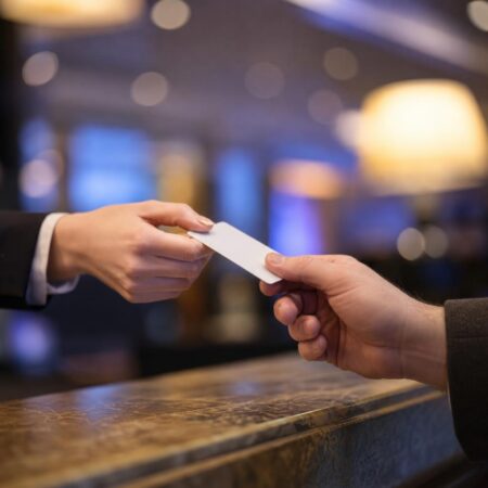 Remise d'une carte-clé à la réception d'un hôtel