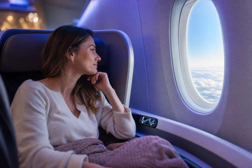 Voyageuse installée en classe Affaires lors d'un vol long-courrier vers l'Asie