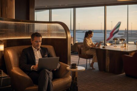 Salon Emirates nouvelle génération avec voyageurs d'affaires travaillant dans des espaces privés, vue sur un avion Emirates au tarmac