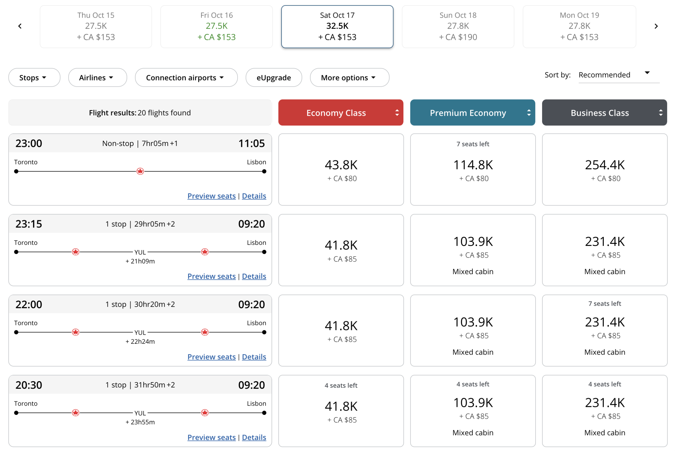 Points value: Is there a right or wrong target? - Toronto Lisbon October 2026 Aeroplan points price