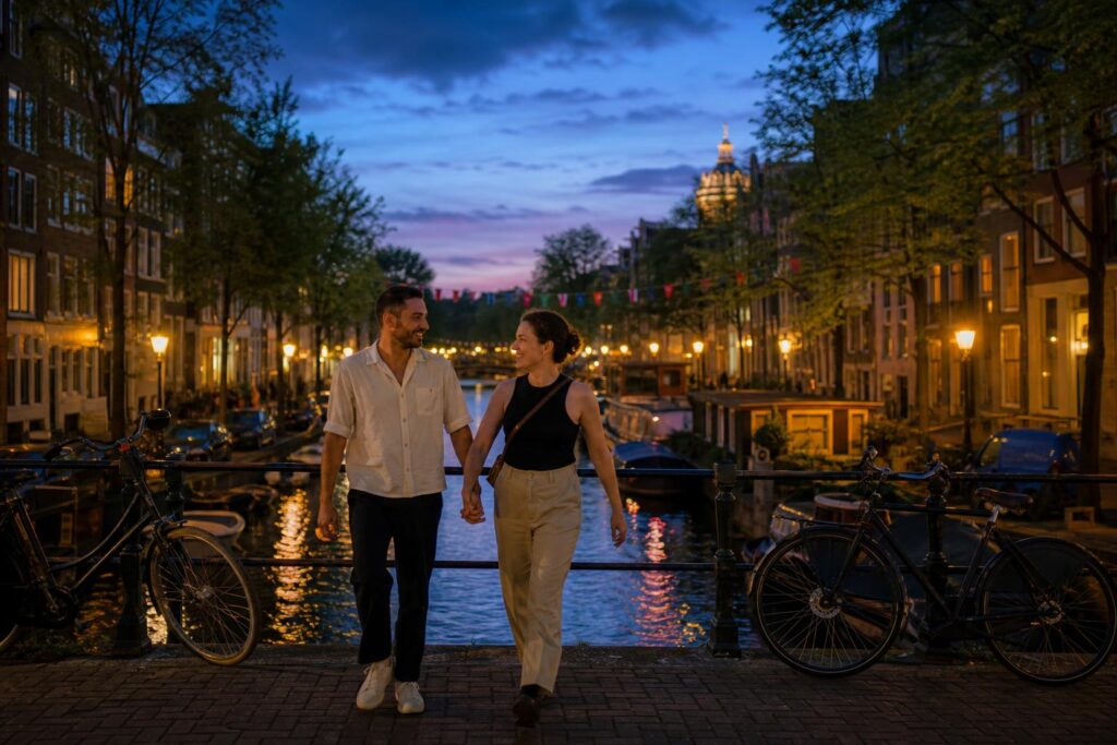 Couple of travellers walking hand in hand on a bridge over an Amsterdam canal, on a summer evening, WorldPride 2026 vibes
