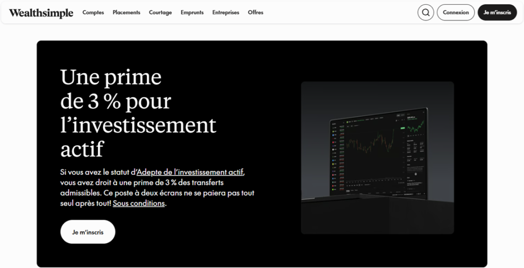 Promotion Wealthsimple - Prime de 3 % pour l'investissement actif