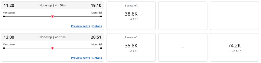 Vancouver to Montreal Aeroplan redemption EN