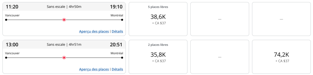 Vancouver to Montreal Aeroplan redemption FR