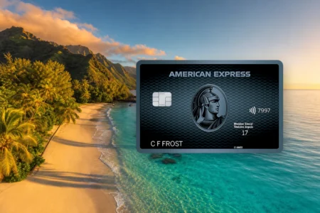 Carte Cobaltᴹᴰ American Express devant une plage tropicale au coucher du soleil